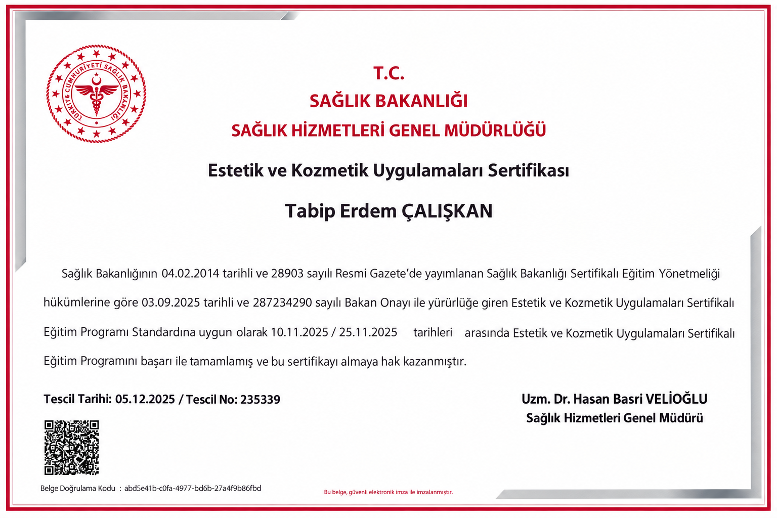 Sağlık Bakanlığı Estetik Sertifikası